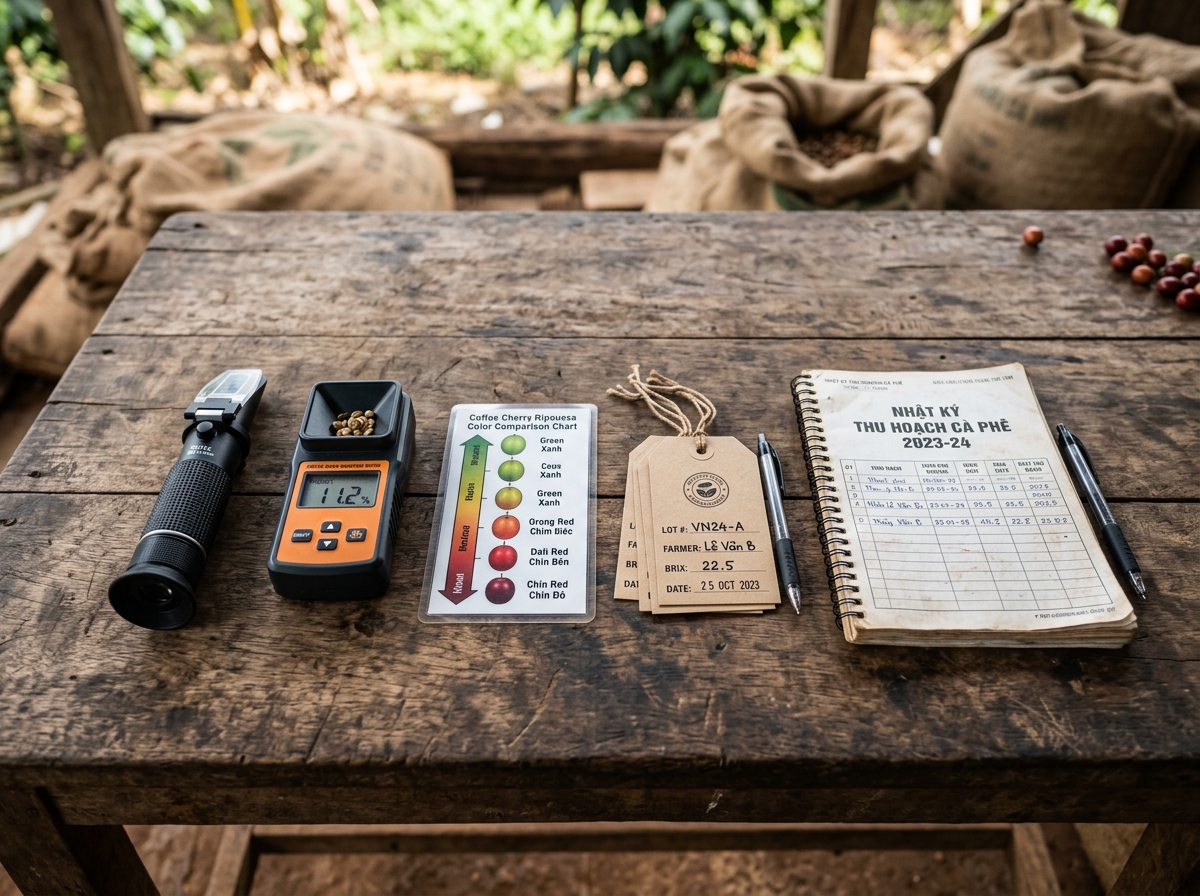 Bộ kiểm soát thu hoạch BADOI gồm khúc xạ kế, máy đo độ ẩm, thẻ nhận biết độ chín, nhãn ghi lô và sổ theo dõi